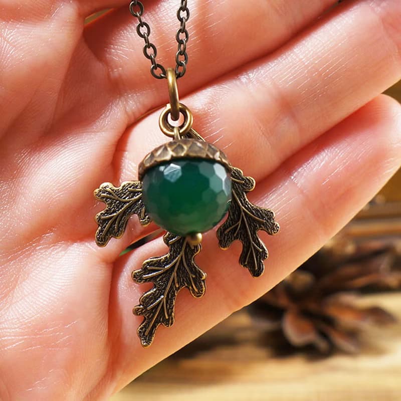 Dark Sea Green Agate Brass Acorn Oak Leaf Pendant Necklace Woman Jewelry Gift