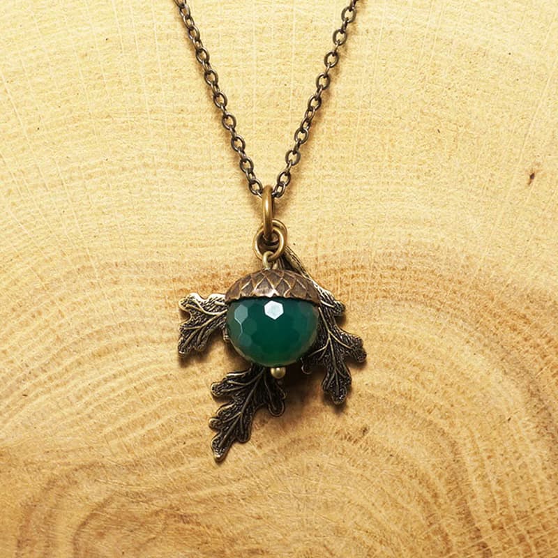 Dark Sea Green Agate Brass Acorn Oak Leaf Pendant Necklace Woman Jewelry Gift