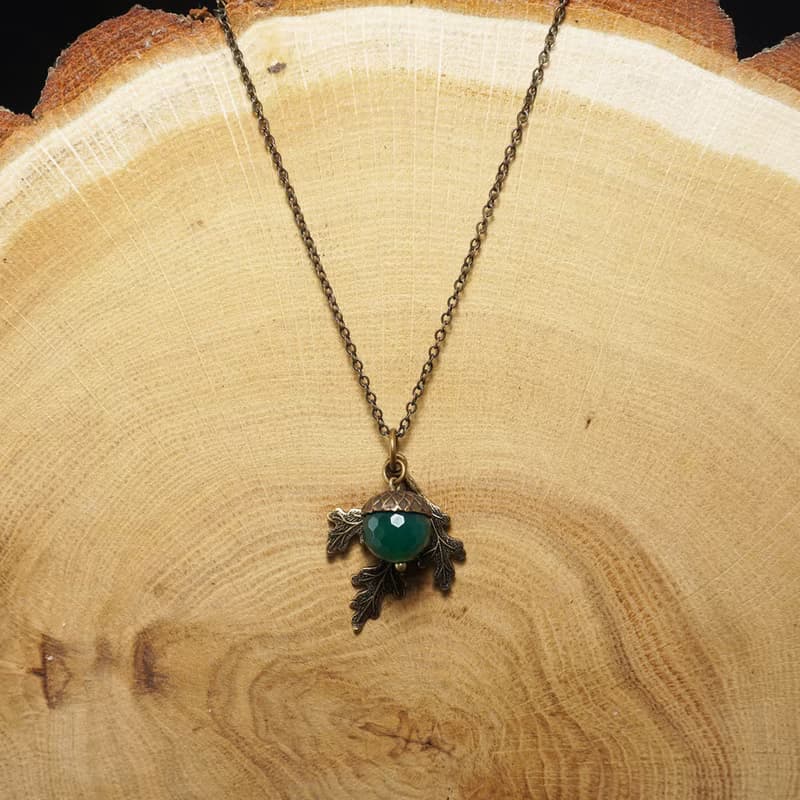 Dark Sea Green Agate Brass Acorn Oak Leaf Pendant Necklace Woman Jewelry Gift