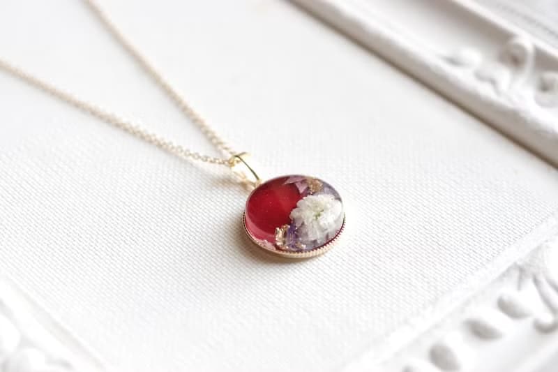 レジンアート　ラウンドペンダント・ブーケ・ワインレッド