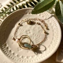 老林雜貨 | 立體黃銅圈珍珠玉石手鍊