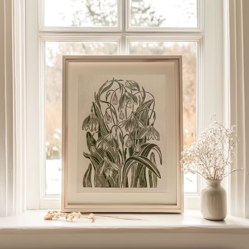 Green Linocut Print Snowdrop Flowers Original Artwork Spring Wall Art Decor