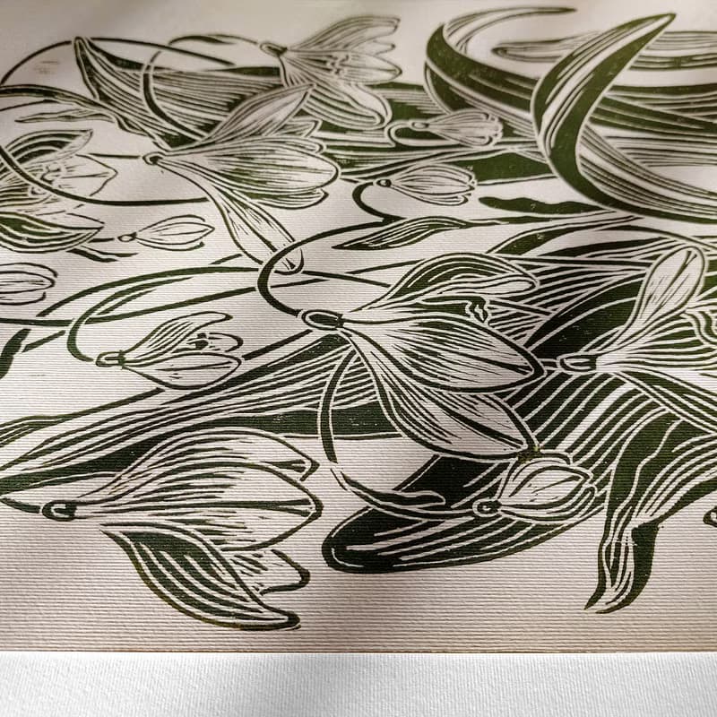 Green Linocut Print Snowdrop Flowers Original Artwork Spring Wall Art Decor