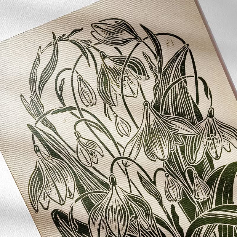 Green Linocut Print Snowdrop Flowers Original Artwork Spring Wall Art Decor