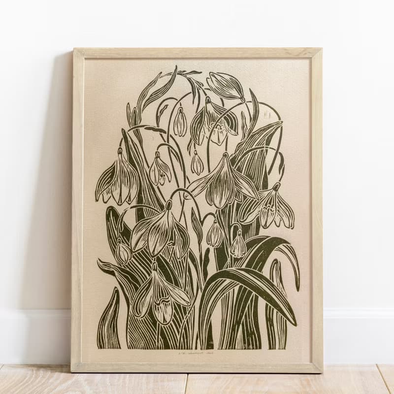 Green Linocut Print Snowdrop Flowers Original Artwork Spring Wall Art Decor