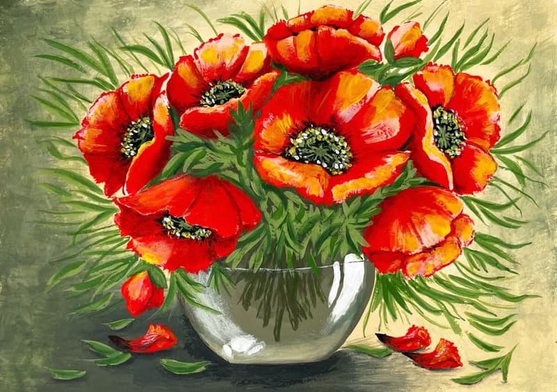 Poppy bouquet in sunlight. Painting Gouache.
