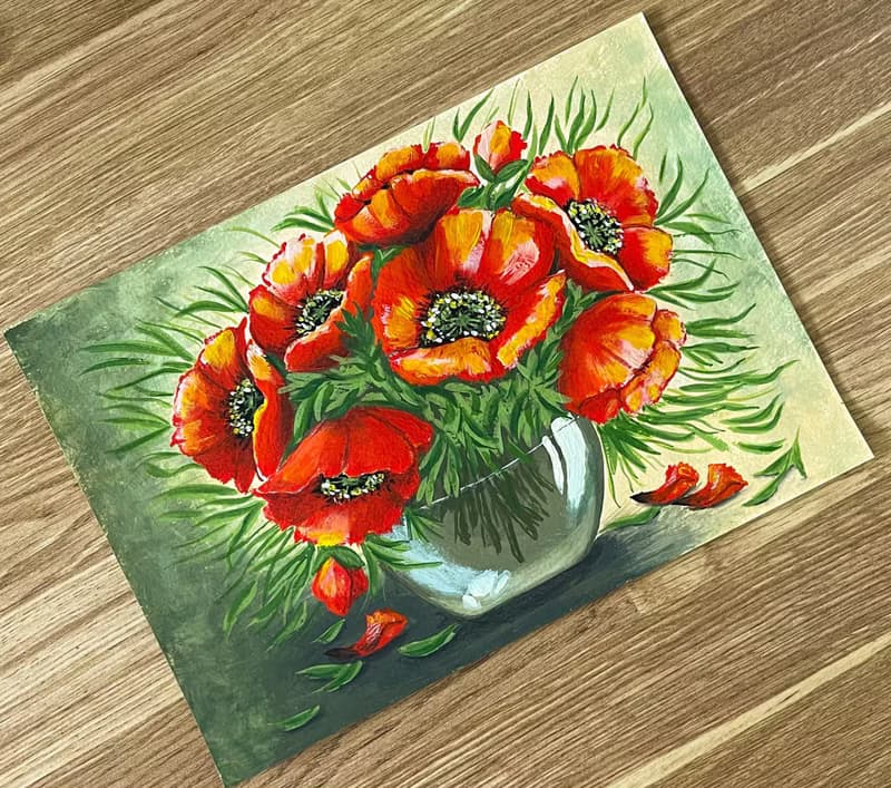 Poppy bouquet in sunlight. Painting Gouache.