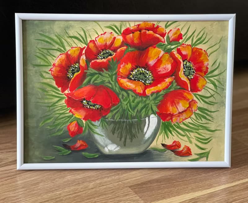Poppy bouquet in sunlight. Painting Gouache.
