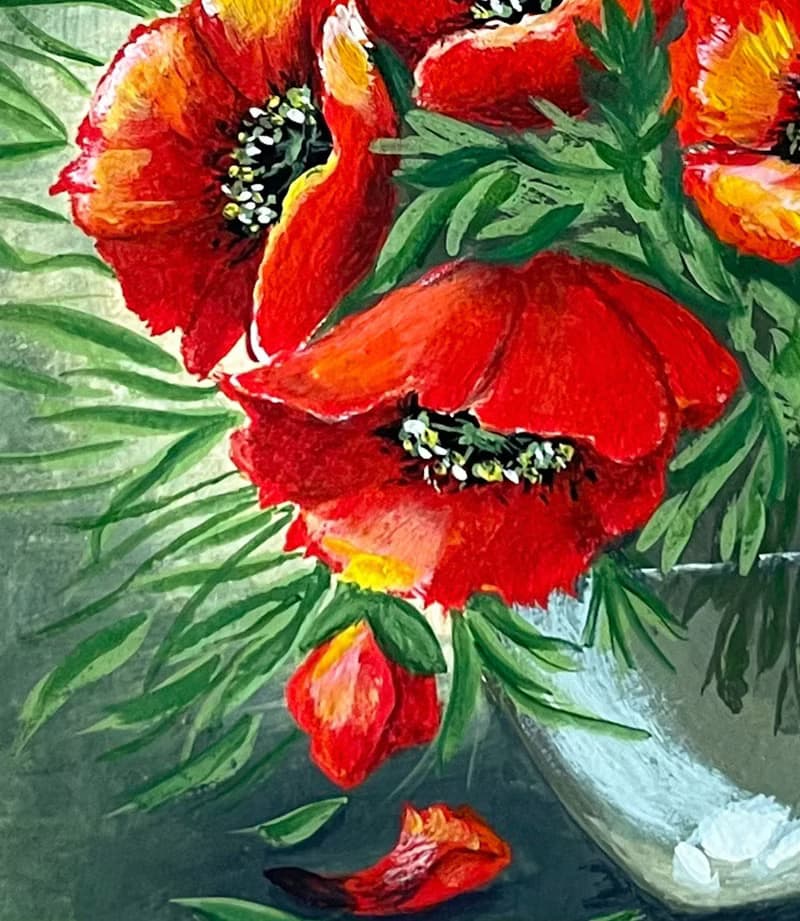 Poppy bouquet in sunlight. Painting Gouache.