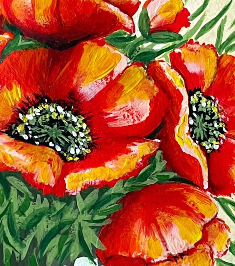 Poppy bouquet in sunlight. Painting Gouache.