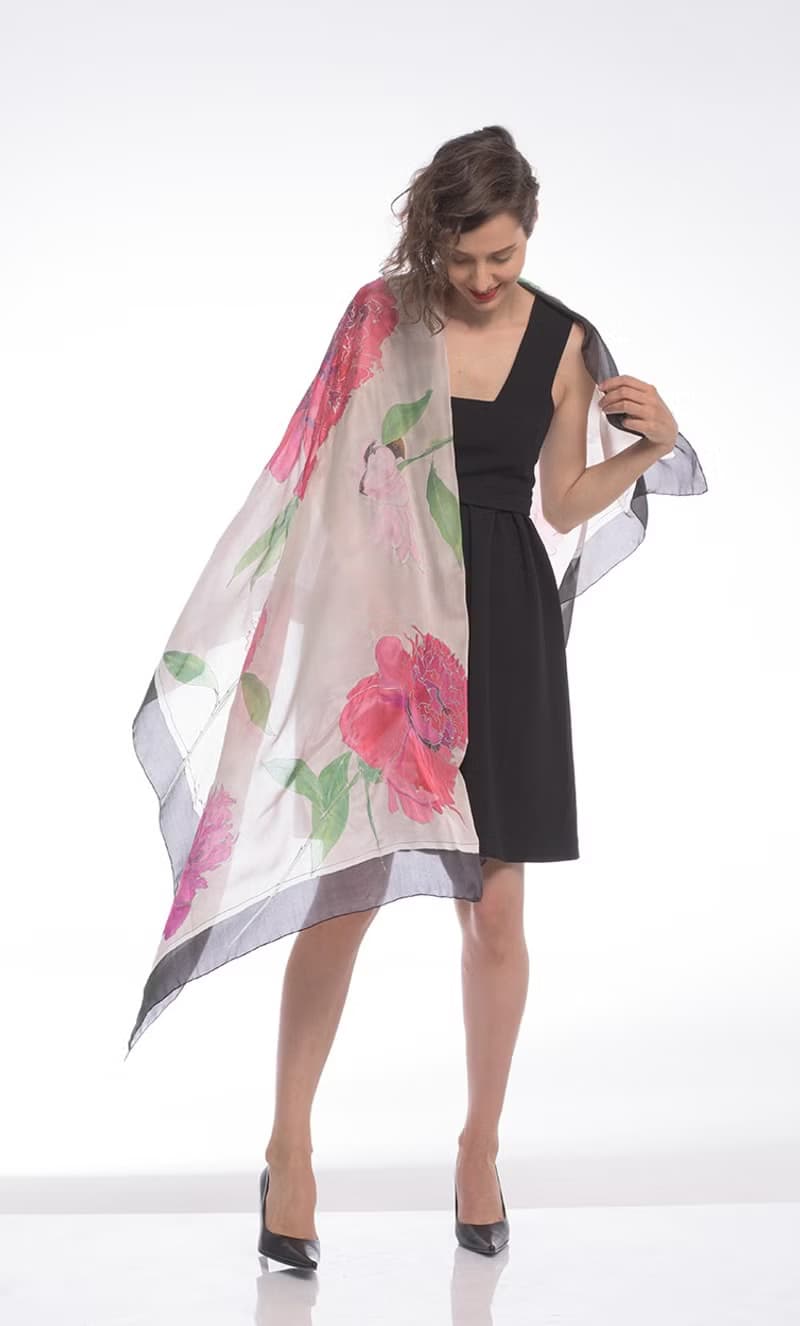 Floral Silk Shawl/ Hand painted Silk Scarf- Ruby Peonies