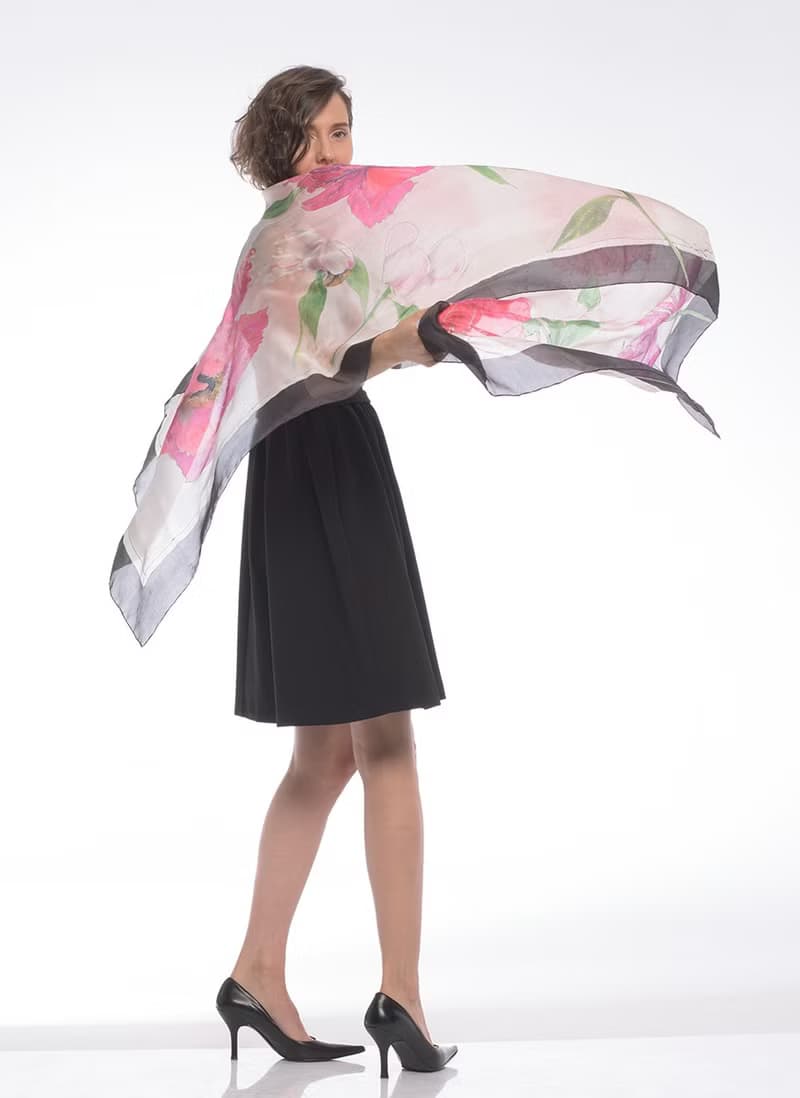 Floral Silk Shawl/ Hand painted Silk Scarf- Ruby Peonies