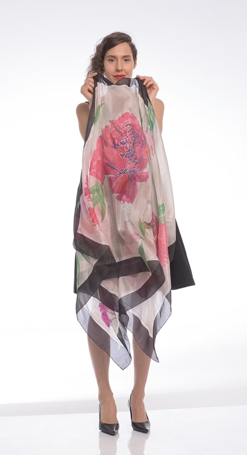 Floral Silk Shawl/ Hand painted Silk Scarf- Ruby Peonies
