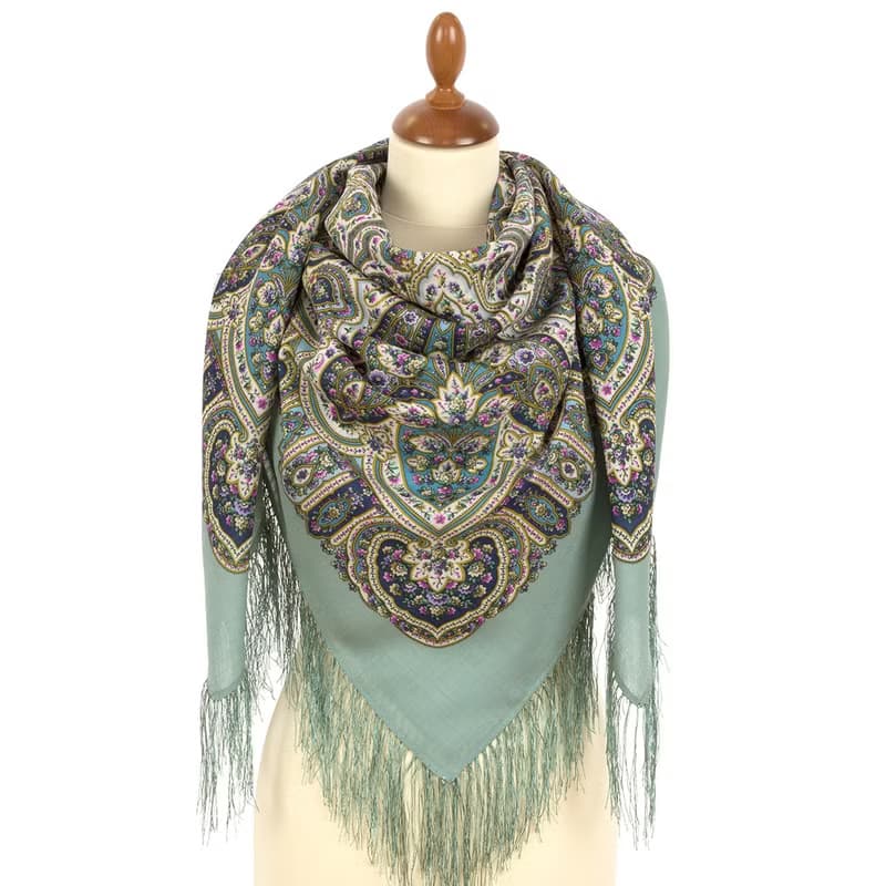 Pavlovo Posad Russian Shawl 100% Wool Scarf 125x125 cm Wrap Silk Fringe 1936-11