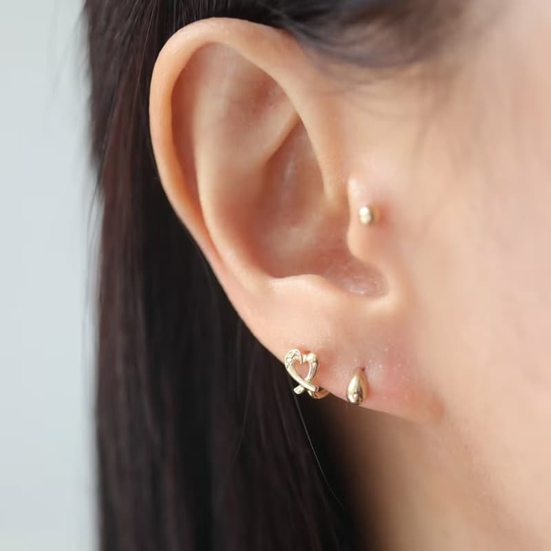 14K 愛心鑽耳扣耳環 (內徑 6 mm) (單個) 洗澡免摘  不褪色