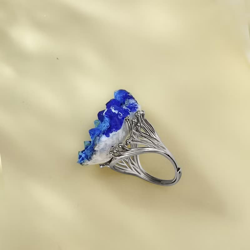 藍銅礦活口戒指 隨形原石標本 晶簇晶柱 藍色寶石手工指環 S925銀