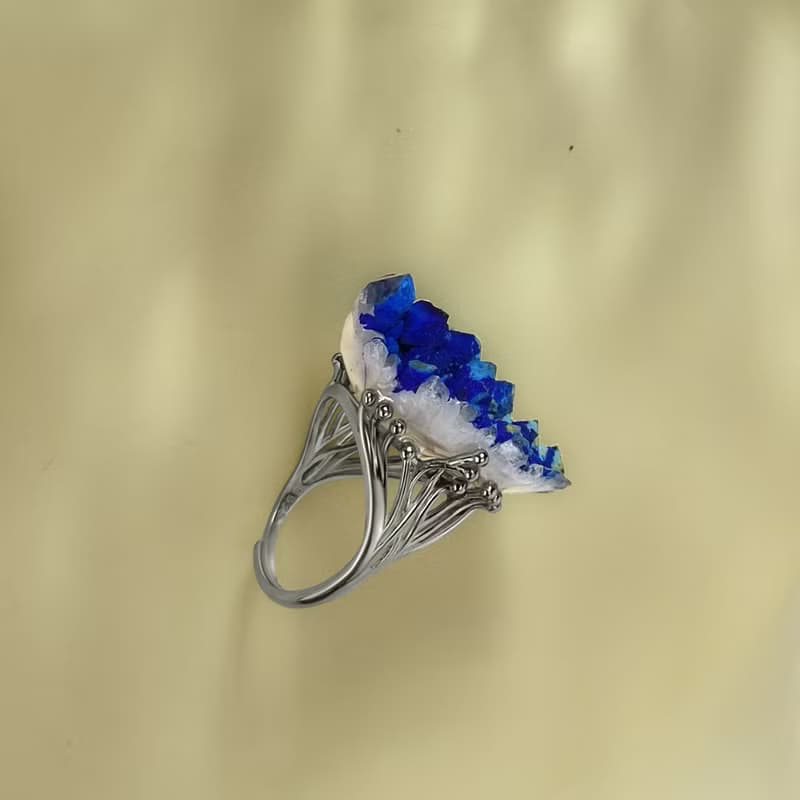 藍銅礦活口戒指 隨形原石標本 晶簇晶柱 藍色寶石手工指環 S925銀