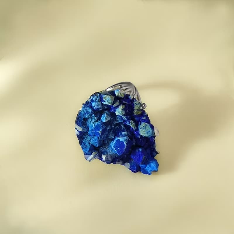 藍銅礦活口戒指 隨形原石標本 晶簇晶柱 藍色寶石手工指環 S925銀