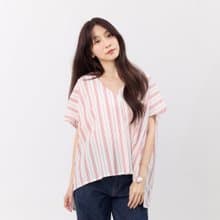 Vicky夏日V領棉質寬上衣/紅白條