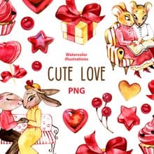 Watercolor Love clipart set, 14 Png, Cute bunny Clipart, Cottagecore clipart
