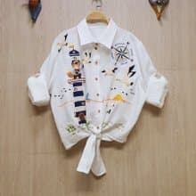 手工刺繡襯衫、亞麻、燈塔、狐狸、船、海洋、大海