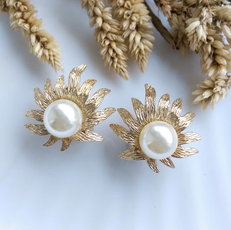 Vintage Jewelry 西洋古董飾品 JUDY LEE 葉子 仿珠 夾式耳環