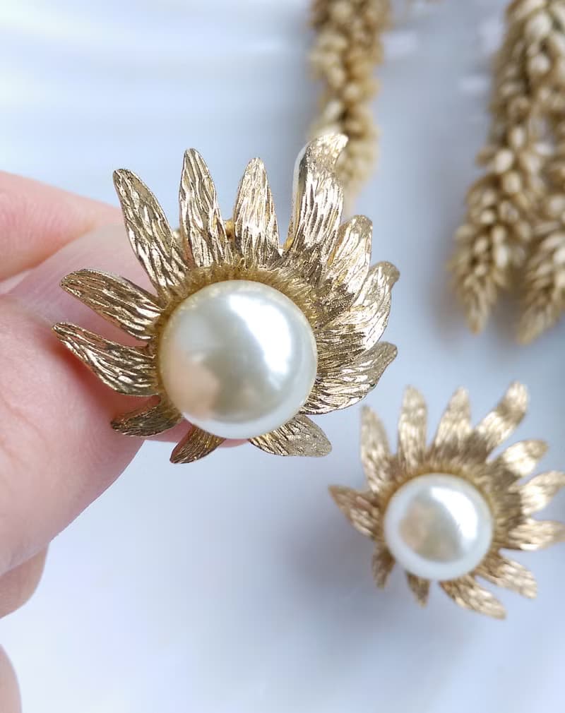Vintage Jewelry 西洋古董飾品 JUDY LEE 葉子 仿珠 夾式耳環
