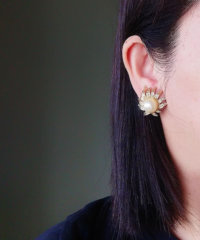 Vintage Jewelry 西洋古董飾品 JUDY LEE 葉子 仿珠 夾式耳環