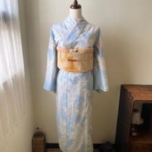水色紫藤花棉絽古著小紋和服日本製