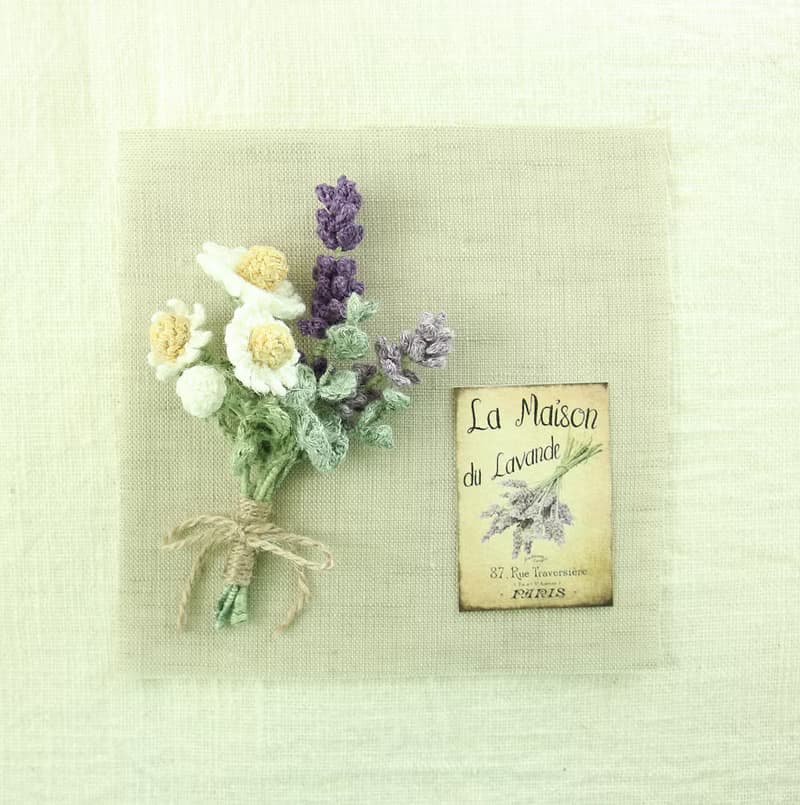 薰衣草 洋甘菊 花束胸針 L 人手鉤針編織 日本天然麻線 清新優雅