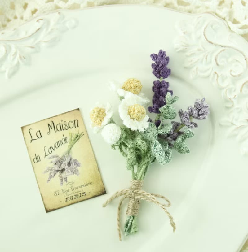 薰衣草 洋甘菊 花束胸針 L 人手鉤針編織 日本天然麻線 清新優雅