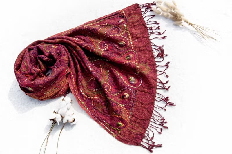 喀什米爾Cashmere/水煮羊毛披肩/針織圍巾/刺繡圍巾/羊絨披巾-花