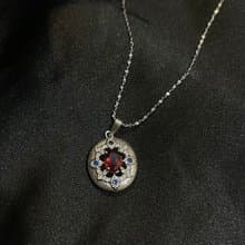 歐式琺瑯 小花 石榴石 項鍊 醫療鋼 鈦鋼 項鍊 天然 寶石 項鍊