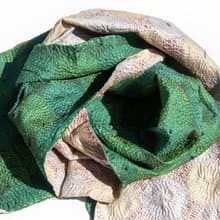 手工縫紗麗布絲巾/絲綢刺繡圍巾/印度絲綢刺繡絲巾-綠色圓形花朵