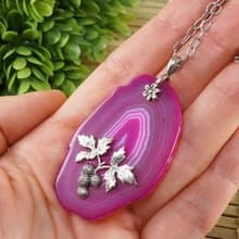 Pink Fuchsia Agate Slice Slab Silver Raspberry Pendant Necklace Jewelry Gift
