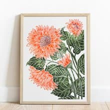 Linocut print Orange green sunflower art Original botanical artwork Nature lover