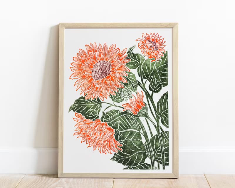 Linocut print Orange green sunflower art Original botanical artwork Nature lover