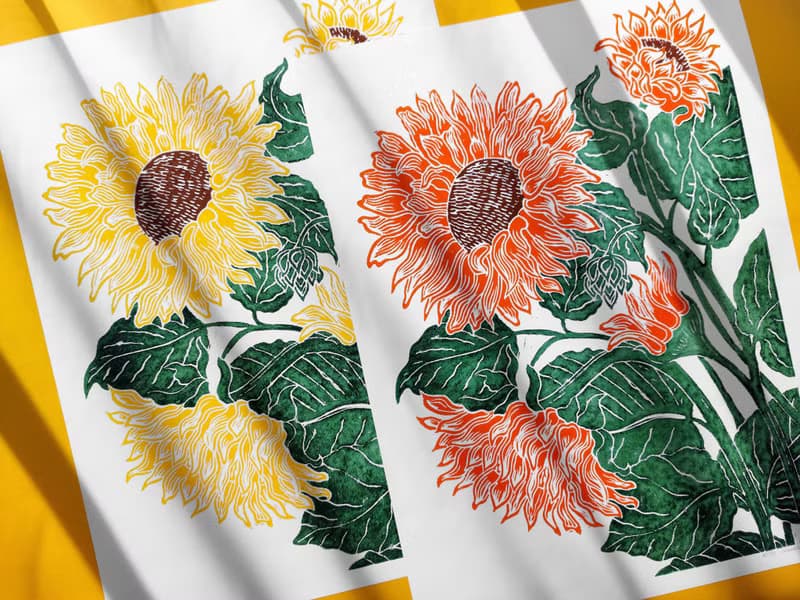 Linocut print Orange green sunflower art Original botanical artwork Nature lover