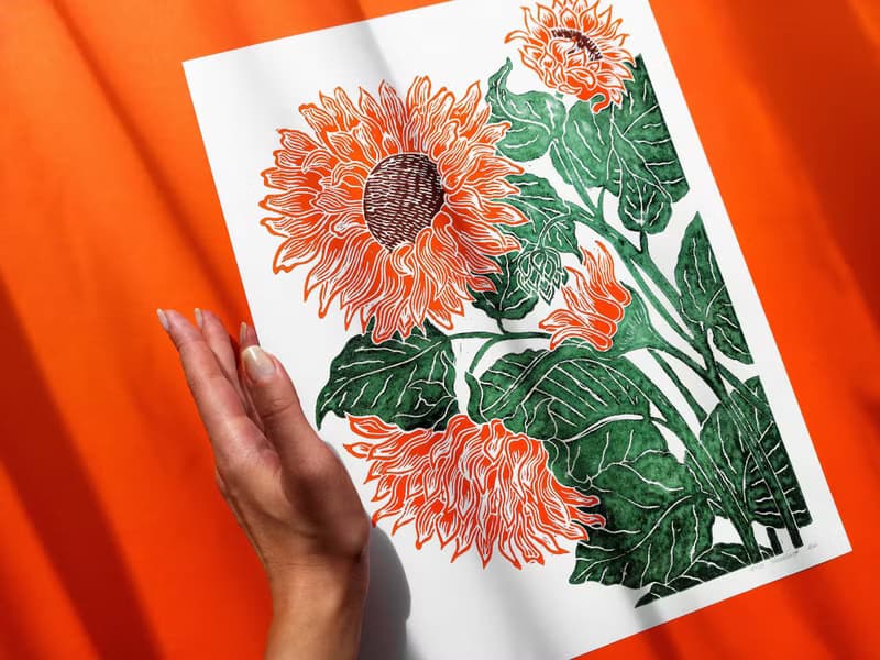 Linocut print Orange green sunflower art Original botanical artwork Nature lover