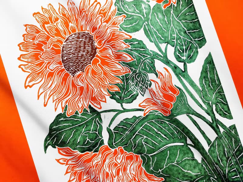 Linocut print Orange green sunflower art Original botanical artwork Nature lover