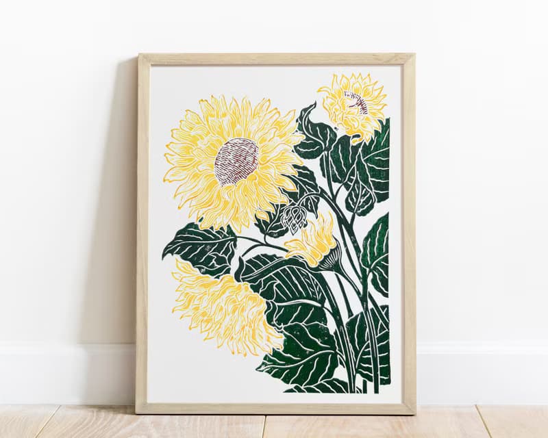 Linocut print Orange green sunflower art Original botanical artwork Nature lover