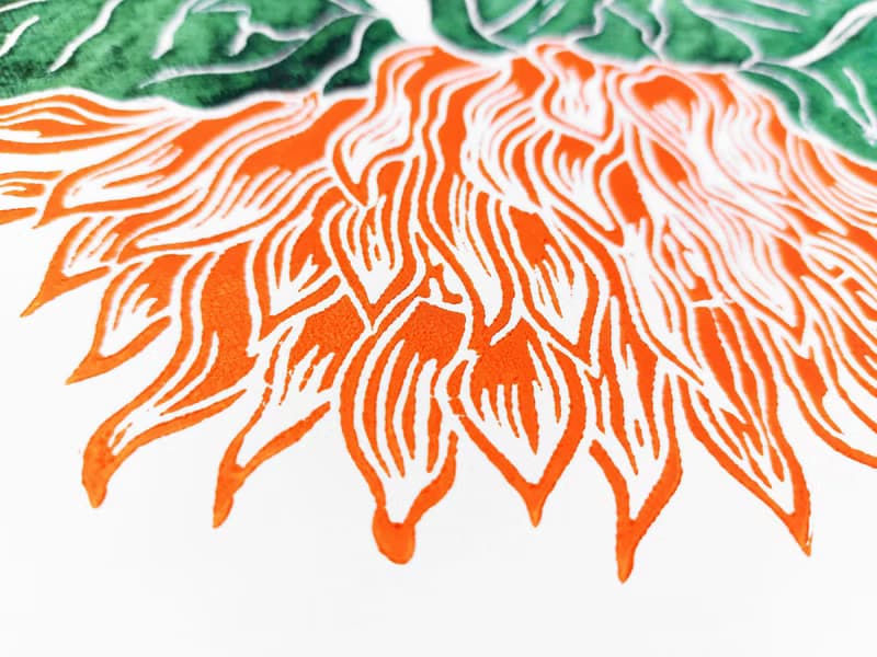 Linocut print Orange green sunflower art Original botanical artwork Nature lover
