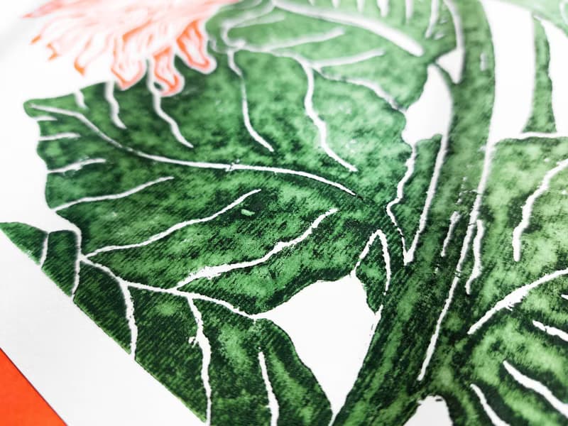 Linocut print Orange green sunflower art Original botanical artwork Nature lover