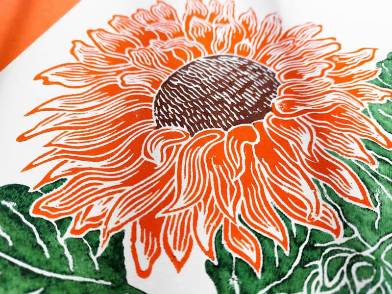 Linocut print Orange green sunflower art Original botanical artwork Nature lover