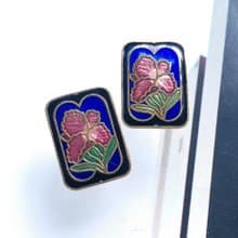 【西洋古董飾品 】景泰藍 黑藍色調 方形花卉 針式耳環