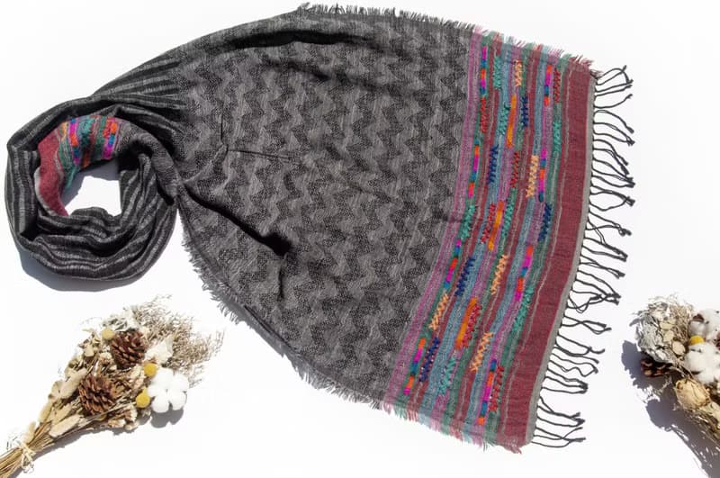 喀什米爾Cashmere/水煮羊毛披肩/針織圍巾/刺繡圍巾/羊絨披巾-花