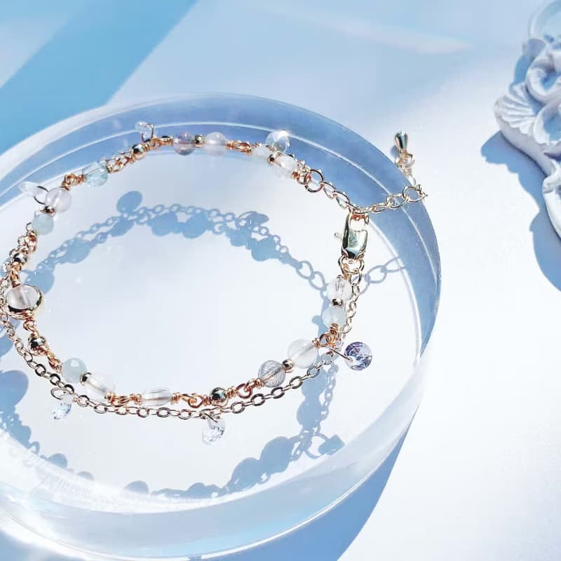 月光石 拉長石 海藍寶 托帕石 14K包金 手工繞線 天然水晶手鍊