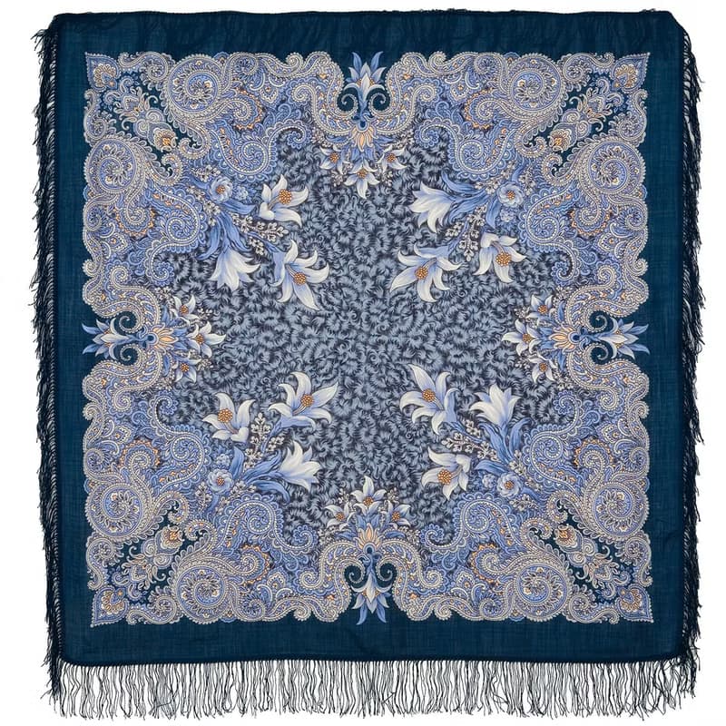 Pavlovo Posad Russian Shawl 100% Wool Scarf 125 cm, Wrap Woolen Fringe 23-14