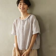 亞麻透氣罩衫夏日清爽短袖上衣  針褶細節  寬鬆休閒 灰紫霧感  240622-2