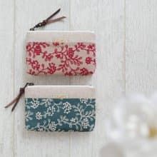 【FWL/四層小錢包】日本刺繡 小葉果實 暗紅 藍綠 法國金蔥布